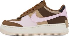 Low-top grained leather and faux-leather sneakers in tones of brown and pink. · Perforations at toe · Logo plaque at lace-up closure · Logo patch at padded tongue · Padded collar · Patent leather Swoosh appliqué at sides · Logo embossed at outer side and midsole · Logo embroidered at heel tab · Mesh lining · Lightweight foam rubber midsole · Treaded rubber sole Please note that this item may be shipped only within North America. Supplier color: Light British tan/Black Brown Platform Sneakers With Contrast Sole For Streetwear, Brown Sporty Platform Sneakers With Round Toe, Sporty Brown Platform Sneakers With Round Toe, Nike Leather Platform Sneakers With Rubber Sole, Nike Leather Platform Sneakers With White Sole, Sporty Brown Platform Sneakers With Laces, Nike Leather Platform Sneakers, Brown Synthetic Sneakers With Gum Sole, Brown High-top Platform Sneakers For Streetwear