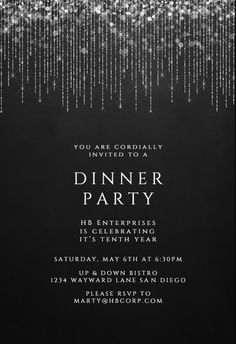 a black and white dinner party with sparkling lights on the side, in front of a dark background