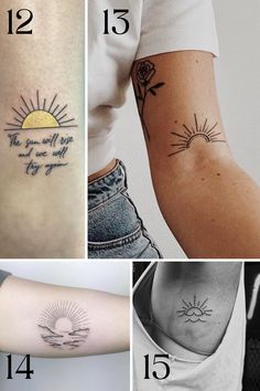 four different tattoos on the arms and arm, one with sun and two with flowers