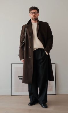 Winter Looks Men, Stylish Mens Outfits Casual, Winter Formal Men Outfit, Classy Aesthetic Outfit Men, Men Brown Loafers Outfit, Mens Winter Outfits Classy, Metal Outfit Men, Old Money Outfits, Brown Overcoat Men Outfit