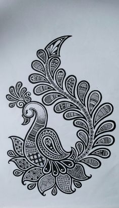 a black and white drawing of a peacock with intricate designs on it's back