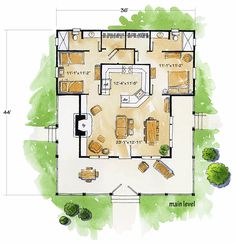 this is an artist's rendering of the floor plan for a small cabin home