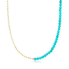 Ross-Simons - 4-4.5mm Turquoise Bead, 14kt Yellow Gold Paper Clip Link Necklace. 16". RS Pure. Modern designs that complete your outfit and complement your personality. Our hybrid necklace is an understated take on a high-impact style. The simple strand splits evenly between dainty 4-4.5mm stabilized turquoise beads and 14kt yellow gold paper clip links. Includes 2" extender. Springring clasp, turquoise bead paper clip link necklace. Gold Paper, Stone Cuts, Fine Jewellery Necklace, Link Necklace, Turquoise Beads, Blue Stone, Paper Clip, Turquoise Stone, Stone Color