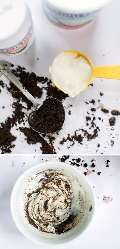 Used coffee grounds make for an easy coffee scrub DIY recipe that exfoliates without irritating sensitive skin and helps heal scars and sun damage. Coconut Coffee Scrub, Coffee Scrub Recipe, Yogurt Face Mask, Coffee Yogurt, Coffee Scrub Diy, Coffee Face Scrub, Diy Coconut, Diy Kosmetik