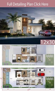 the floor plan for a modern house is shown in two different views, with one car parked