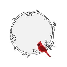 a red bird sitting on top of a white circle with leaves and branches around it