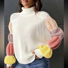 Vibrant Color Block Turtle Neck Sweater - Soft, Stylish, Long Puff Sleeve, Cozy Fit, Chic Style Boutique Sizing Tags Are In Letters. Standard Sizing Chart: S (4), M (6), L (8/10), Xl (12), Xxl (14) !!*Please Note*!! This Is A Pre-Order Item And Requires A Longer Than Usual Shipping Time. Please Allow 7-14 Business Days Before Shipping. Please Consider This Time Frame Before Placing Your Order. Thank You For Your Patience And Understanding, As This Helps Us Manage Our Inventory Levels And Creates Classy Jumpsuit, Raglan Sleeve Sweater, High Neck Jumper, Maternity Lingerie, High Neck Sweater, Womens Turtleneck, Formal Dresses For Women, Long Puff Sleeves, Sleeve Sweater