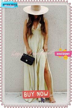 Easy Breezy Deep V Neck Vacation Maxi Dress Chic Solid Color Maxi Dress For Day Out, Chic Solid Color Dress For Vacation, Chic Maxi Dress For Date Night In Spring, Chic Maxi Dress For Spring, Chic Spring Maxi Dress, Chic Spring Maxi Dress For Date Night, Flowy Solid Color Maxi Dress For Day Out, Spring Vacation Maxi Dress In Solid Color, Solid Color Maxi Dress For Spring Vacation