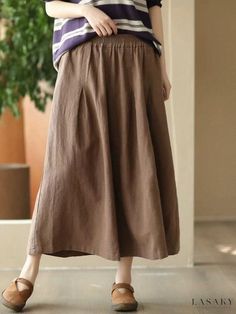 Lasaky - Vintage Coffee-Colored Linen Pleated A-Line Skirt with Folded Waist Detail Casual Brown Solid Color Skirt, Casual Skirt With Wide Hem In Solid Color, Casual Solid Color Skirt With Wide Hem, Casual Solid Wide Hem Skirt, Casual Solid Skirt With Wide Hem, Casual Wide Hem Skirt, Brown Solid Color Long Skirt, Non-stretch Brown Cotton Skirt, Casual Summer Skirt With Wide Hem