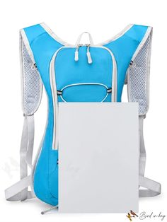 a blue backpack with a blank sign attached to it