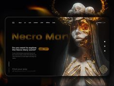 the website for necro mar is displayed on a computer screen, with an image of a woman's head in gold