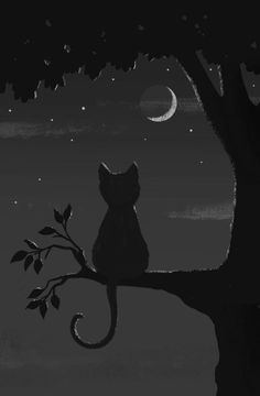 a black and white image of a cat sitting on a tree branch with the moon in the background