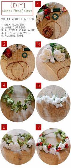 instructions to make a flower crown on a wooden board