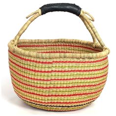 Bolga Round Market Basket with Handle interior Vegan Market, Brown Leather-handled Basket Bags, Handwoven Basket-shaped Bucket Bag For Market, African Market, Basket With Handle, Market Basket, Market Baskets, A Picnic, Farmer's Market