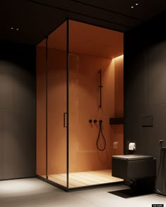 a bathroom with a walk in shower next to a toilet