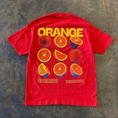 Orange T Shirt Easy 30 day return policy Fruit Tshirt Design, Orange Short Sleeve T-shirt With Letter Print, Retro Orange Crew Neck T-shirt, Casual Orange Tops With Graphic Design, Atthemoment Shirts, Casual Orange T-shirt With Screen Print, Orange Letter Print T-shirt For Spring, Red Graphic Print T-shirt For Summer, Casual Orange Fruit Print Top