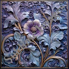 an intricately designed painting with flowers and leaves in blue tones, on a black background