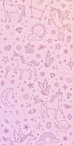 a pink background with unicorns, stars and other things on it's surface