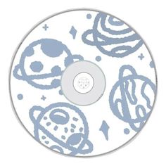 a white and blue cd with space related drawings on it's disc cover is shown