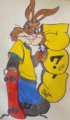 a drawing of a rabbit holding a skateboard