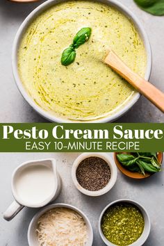 pesto cream sauce in a bowl with ingredients around it