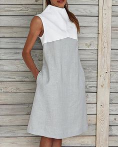 Midi Dresses Women Summer Shift Sleeveless Turtleneck Paneled Dresses Turtleneck Midi Dress, Traje Casual, Sleeveless Turtleneck, Panel Dress, Sleeveless Shift Dress, Dresses Women, Woven Dress, Linen Dresses, Womens Midi Dresses