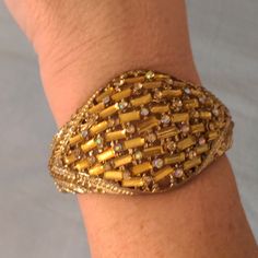 Nwot Exquisite Gold Colored Rhinestone Hinged Bracelet. Would Be Beautiful For Any Special Occasion. Never Worn. Gold Crystal Cuff Bracelet For Party, Gold Crystal Bangle For Formal Occasions, Formal Gold Crystal Bangle, Gold Crystal Bangle For Party, Vintage Gold Bracelets With Sparkling Details, Vintage Gold Bracelets With Bling, Vintage Gold Bling Bracelets, Gold Beaded Evening Bracelets, Gold Beaded Bracelets For Evening