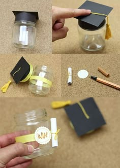 the steps to make a graduation cap out of a jar and some other items are shown