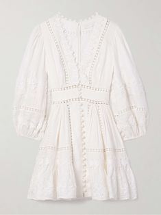 ZIMMERMANN Pop appliquéd guipure lace-trimmed linen mini dress Elegant Cream Dress With Intricate Embroidery, Elegant Off White Dress With Lace Trim, Luxury White Daywear Dress, Elegant Off-white Dress With Lace Trim, Cream Lace Dress With Broderie Anglaise, Cream Lace Dresses With Intricate Embroidery, Cream Lace Dress With Intricate Embroidery, White Broderie Anglaise Lace Dress, Feminine Lace Dress With Broderie Anglaise