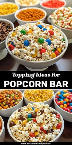 several bowls filled with different types of popcorn