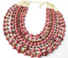 Rose pink necklace, mauve, gold, beaded, crystal statement necklace, bib necklace, multistrand Pink Multi-strand Jewelry With Faceted Beads, Pink Multi-strand Faceted Beads Jewelry, Pink Multi-strand Jewelry For Party, Pink Multi-strand Necklace For Parties, Elegant Pink Beaded Necklace With Gold Beads, Elegant Pink Necklaces With Gold Beads, Elegant Pink Necklace With Gold Beads, Elegant Rose Gold Jewelry With Colorful Beads, Elegant Pink And Gold Beads