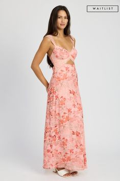 Indulge in romance and sweetness with the Wilder Maxi Dress. The blush color and delicate floral print bring a dreamy quality, while the lace trim bust and cut outs add a touch of allure. The back hook closure makes for a comfortable and flattering fit. Details+Fit 92% Polyester | 8% Spandex Runs True to Size Machine Wash Cold Hang To Dry Sweetheart Neckline Lace Trim Bust Front Cut Out Sleeveless Back Hook Closure Open Back Floral Print Design Blush | Multi | Printed Model is 5'9" and wearing a size Small Spring Bridesmaid Dress With Floral Print, Feminine Floral Dress With Sweetheart Neckline For Spring, Pink Floral Dress For Brunch, Peach Floral Print Party Dress, Spring Peach Maxi Dress For Bridesmaids, Peach Maxi Dress For Bridesmaids In Spring, Feminine Floral Dress With Sweetheart Neckline, Pink Floral Dress With Sweetheart Neckline For Garden Party, Feminine Pink Floral Dress For Wedding