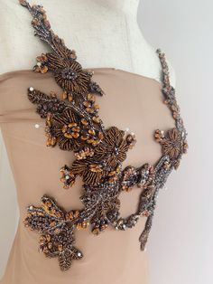 Brown Rhinestone Applique French Bead Bodice Patch for - Etsy Bead Clothes, Embroidery Diamond, Bead Applique, Couture Beading, Dress Ball Gown, Tambour Embroidery, Embroidered Handkerchief, Hand Embroidery Patterns Flowers, Sequin Dresses