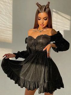 44198295830744|44198295863512|44198295896280 Black Long Sleeve Mini Dress For Prom, Black Off-shoulder Party Dress, Black Off-shoulder Cocktail Dress, Black Mini Length Dress For Prom, Black Off-shoulder Ruffled Dresses, Black Off-shoulder Ruffle Dress, Black Off-shoulder Dress With Ruffles, Black Off-shoulder Dress For Prom, Black Off-shoulder Prom Dress