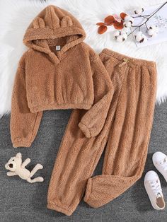 Tween Mädchen Solid 3D-Ohr-Design-Teddy-Kapuzenpullover und -Hose Braun Lässig  Langärmelig  Einfarbig  Undehnbar  Tween Girls Clothing, size features are:Bust: ,Length: ,Sleeve Length: Teddy Hoodie, Top And Pants Set, Coffee Brown, Weekend Wear, Knit Outfit