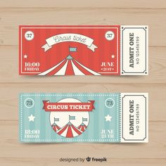 two circus ticket templates on wooden background