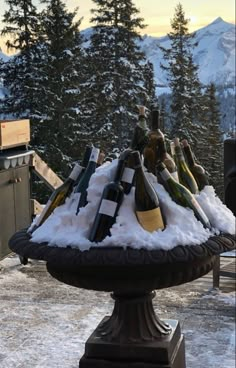 several bottles of wine sitting on top of a snow covered pedestal