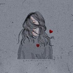 a drawing of a girl with long hair and two red hearts on her neck, in front of a gray background