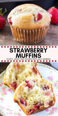 strawberry muffins are cut in half on a plate and placed next to the muffin