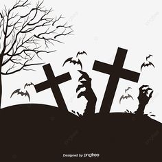 a black and white halloween scene with bats flying over the cross, cemetery, graveyard, tree png and psd