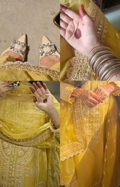 a woman in yellow dress holding her hand out to the side with two other women's hands