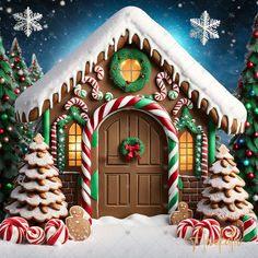 a gingerbread house decorated for christmas with candy canes and cookies in the snow