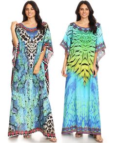 This lovely kaftan dress features a boat-neck and generous sleeve  openings. Also, nicely placed rhinestones around the neckline. This  garment is perfect for all body shapes, made with lightweight soft  opaque crepe fabric and colorful print. Blue Maxi Dresses With Digital Print, Blue Maxi Dress With Digital Print, Multicolor Digital Print Maxi Dress, Summer Floor-length Dress With Digital Print, Multicolor Floor-length Dress With Digital Print, Patterned Long Maxi Dress For The Beach, Patterned Maxi Dress For The Beach, Multicolor Digital Print Dress For The Beach, Beach Season Patterned Printed Maxi Dress