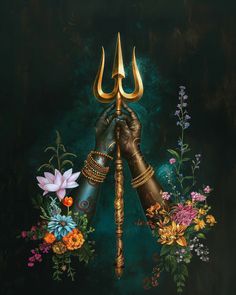 a painting of a hand holding a golden key with flowers on the side and a flower arrangement around it