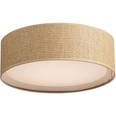 a round light fixture with woven fabric on the bottom and beige trim around it's edges