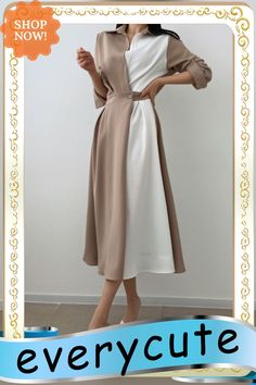 French Lapel Knee-length Dress Design In Summer Feels Contrast Color Stitching, A Button-down Waist Short Sleeve Dress for Women Elegant Patchwork Dress For Office, Beige Long Sleeve Dress With Splicing, Elegant Patchwork Office Dress, Elegant Patchwork Midi Dress For Work, Elegant Workwear Midi Dress With Patchwork, Elegant Knee-length Dress With Double-breasted Button, Casual Knee-length Midi Dress With Button Closure, Chic Knee-length Dress With Hidden Button Closure, Relaxed Fit Knee-length Dress With Button Closure