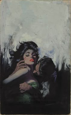 a painting of two people hugging each other with one woman's face obscured by her arm