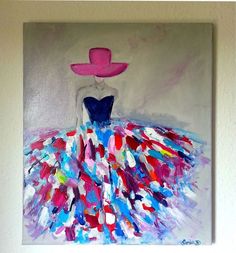 a painting of a woman with a pink hat on her head in a colorful dress