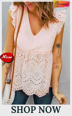 Eyelet Lace Scalloped Tank Top Clothes For Petite Women, Empire Waist Tops, Eyelet Fabric, Chic Skirts, Casual Tanks, Butterfly Sleeve, Eyelet Top, Clothes Closet, Butterfly Sleeves