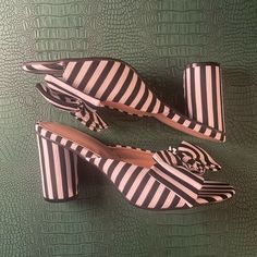 Brand New Striped Open Toe Sandals For Summer, Chic Striped High Heel Shoes, Chic Striped High Heel, Chic Striped High Heels, Chic Striped Summer Heels, Chic White Ankle Strap Mules, Fitflop Sandals, Dolce Vita Heels, Stacked Heel Sandal